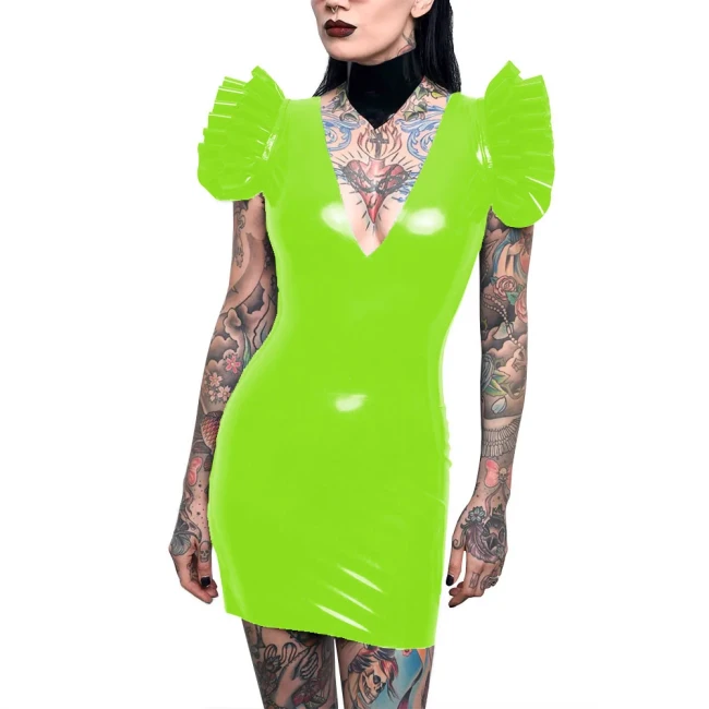 Sissy Sexy Bodycon Dress Patent Leather Deep V-neck Flying Sleeves Mini Dress for Women Backless Pencil Dress Party Pole Dancing