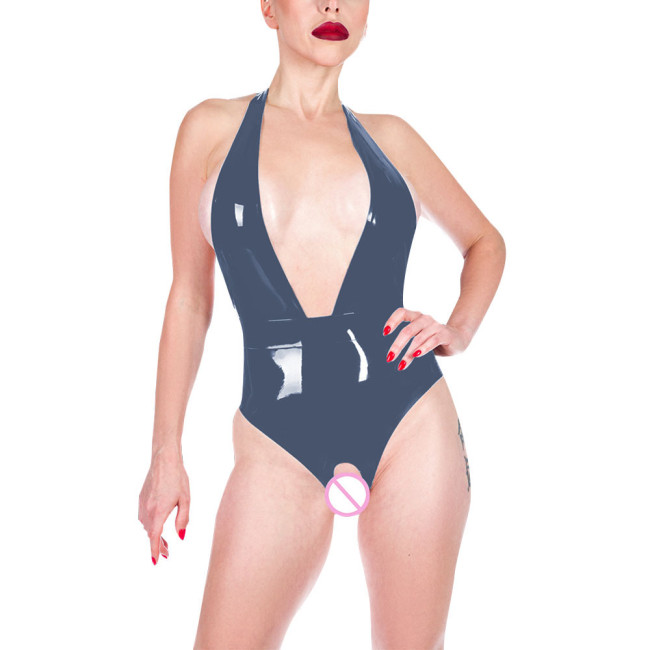 Exotic Women Bodysuits Hanging Neck Expose Buttocks Sexy Nightclub Clothes Wetlook PVC Leather High Cut Slim Fit High Cut Zentai