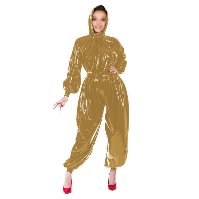 Shiny Patent Leather Fashion Jumpsuits Women's PVC Hooded Jumpsuits Female Gothic Bloomers One-Piece Rompers Club Cosplay Zentai