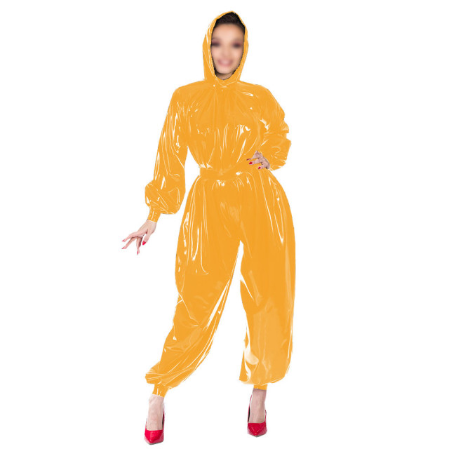 Shiny Patent Leather Fashion Jumpsuits Women's PVC Hooded Jumpsuits Female Gothic Bloomers One-Piece Rompers Club Cosplay Zentai