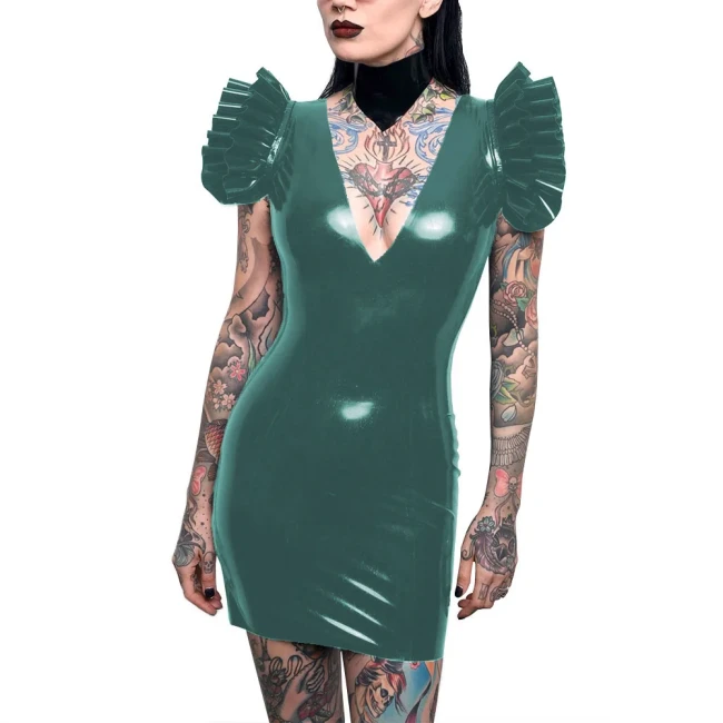 Sissy Sexy Bodycon Dress Patent Leather Deep V-neck Flying Sleeves Mini Dress for Women Backless Pencil Dress Party Pole Dancing