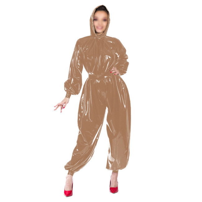 Shiny Patent Leather Fashion Jumpsuits Women's PVC Hooded Jumpsuits Female Gothic Bloomers One-Piece Rompers Club Cosplay Zentai