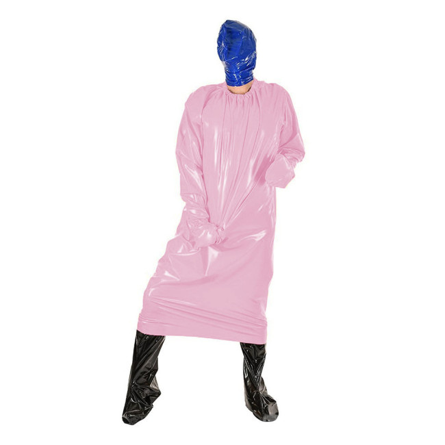 Summer New Oversized Loose Casual Long Sissy Dress Men Crossdresser Solid O-Neck Long Sleeve Faux PVC Latex Exotic Dress 7XL