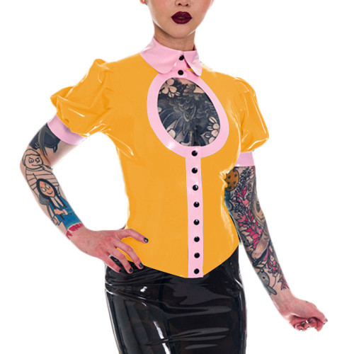 Female Short Sleeve Tops Turn-down Collar T-shirt Button-up Hollow Out Blouse Glossy PVC Leather Fashion Club Aesthetics Garment