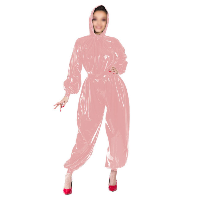 Shiny Patent Leather Fashion Jumpsuits Women's PVC Hooded Jumpsuits Female Gothic Bloomers One-Piece Rompers Club Cosplay Zentai