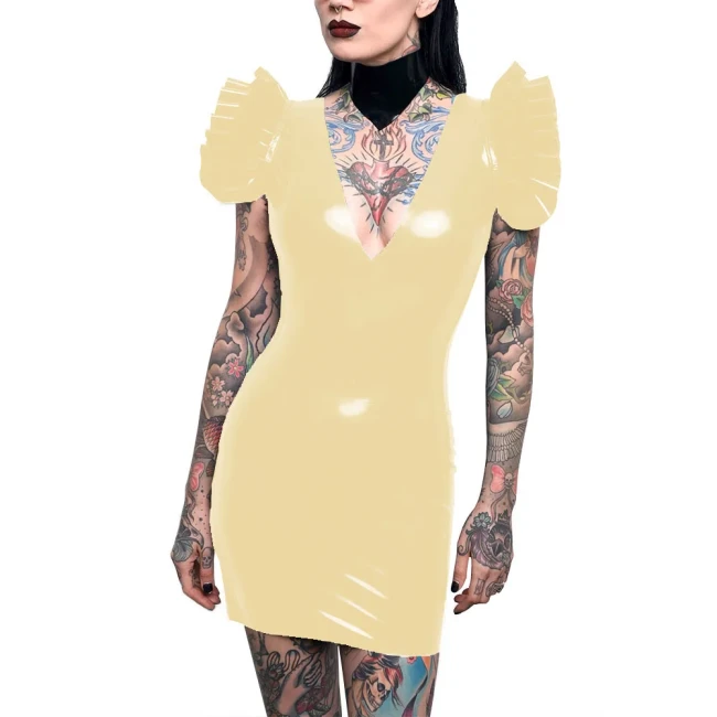 Sissy Sexy Bodycon Dress Patent Leather Deep V-neck Flying Sleeves Mini Dress for Women Backless Pencil Dress Party Pole Dancing