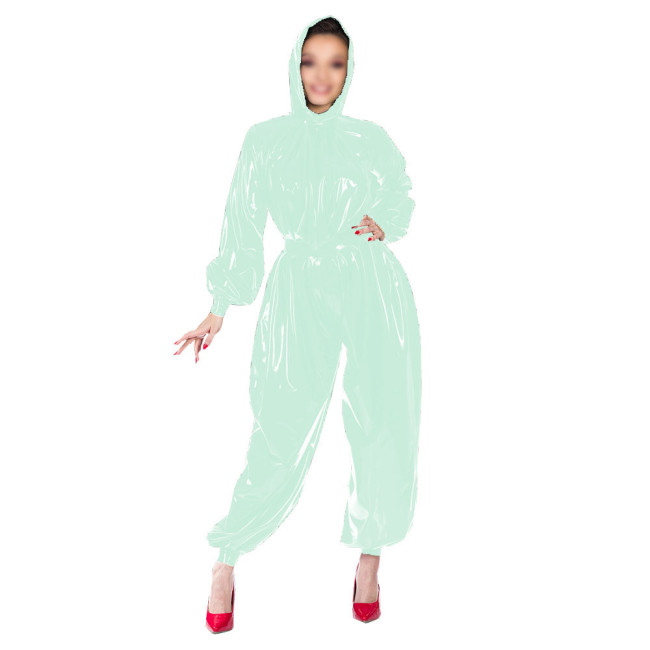 Shiny Patent Leather Fashion Jumpsuits Women's PVC Hooded Jumpsuits Female Gothic Bloomers One-Piece Rompers Club Cosplay Zentai