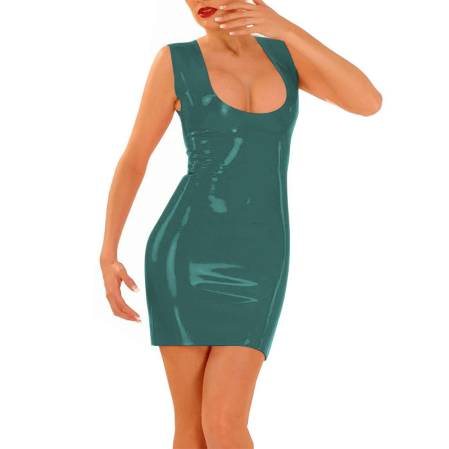 Women Sexy Dresses Exposed Buttocks Vestidos Sissy Shiny Patent Leather Low U-neck Costumes Cocktail Stage Performance Wear
