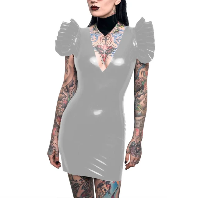 Sissy Sexy Bodycon Dress Patent Leather Deep V-neck Flying Sleeves Mini Dress for Women Backless Pencil Dress Party Pole Dancing