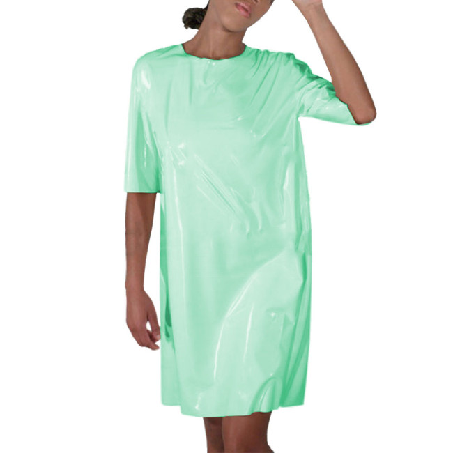 Faux Latex Nurse Cosplay Dress Womens Midi Sleeve O-Neck Maid Uniform Shiny Patent Leather Open Back Carnival Party Costume 7XL