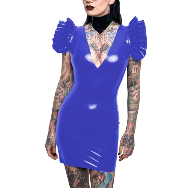 Sissy Sexy Bodycon Dress Patent Leather Deep V-neck Flying Sleeves Mini Dress for Women Backless Pencil Dress Party Pole Dancing