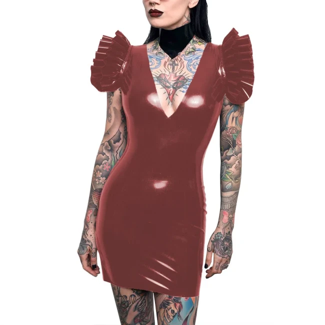 Sissy Sexy Bodycon Dress Patent Leather Deep V-neck Flying Sleeves Mini Dress for Women Backless Pencil Dress Party Pole Dancing