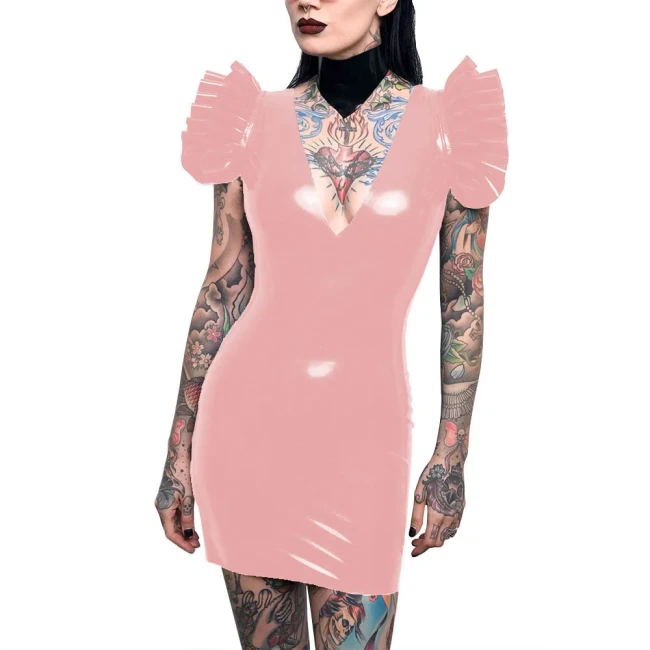 Sissy Sexy Bodycon Dress Patent Leather Deep V-neck Flying Sleeves Mini Dress for Women Backless Pencil Dress Party Pole Dancing