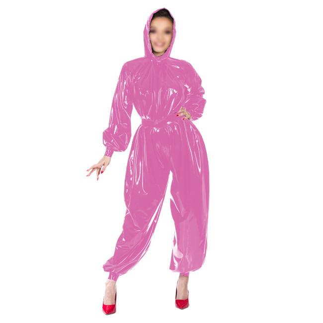 Shiny Patent Leather Fashion Jumpsuits Women's PVC Hooded Jumpsuits Female Gothic Bloomers One-Piece Rompers Club Cosplay Zentai
