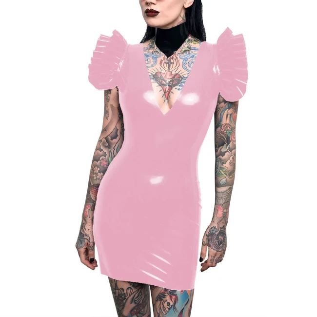 Sissy Sexy Bodycon Dress Patent Leather Deep V-neck Flying Sleeves Mini Dress for Women Backless Pencil Dress Party Pole Dancing