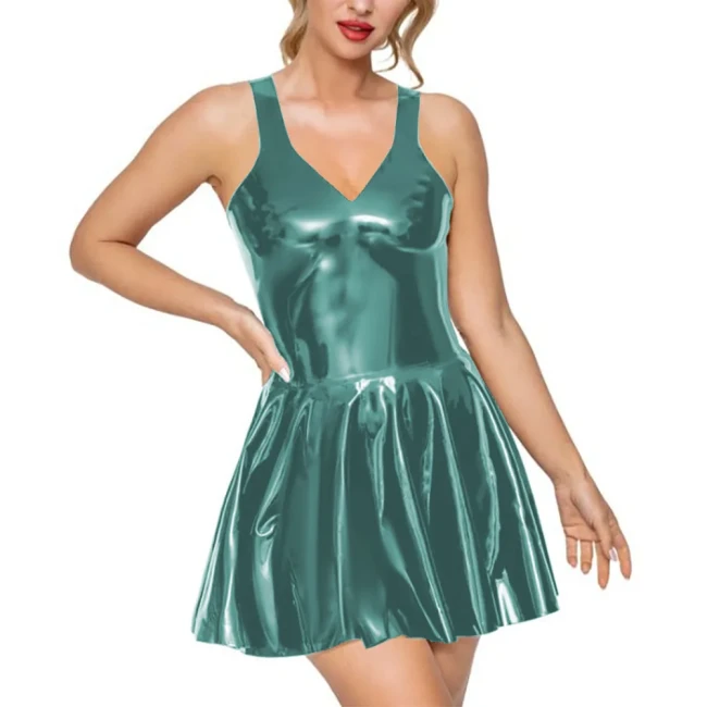 Women Sleeveless Camisole Dress Sexy Sissy V-neck Skinny Vestido A-line Pleated Mini Dress Shiny PVC Leather Club Stage Apparel