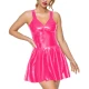 Women Sleeveless Camisole Dress Sexy Sissy V-neck Skinny Vestido A-line Pleated Mini Dress Shiny PVC Leather Club Stage Apparel
