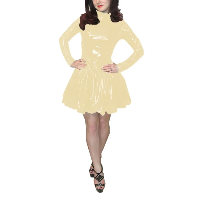 Women Slim Dress Mock Neck Long Sleeved Dress A-line Simple Color Casual Costume Wetlook Sissy PVC Leather Fashion Club Outfit