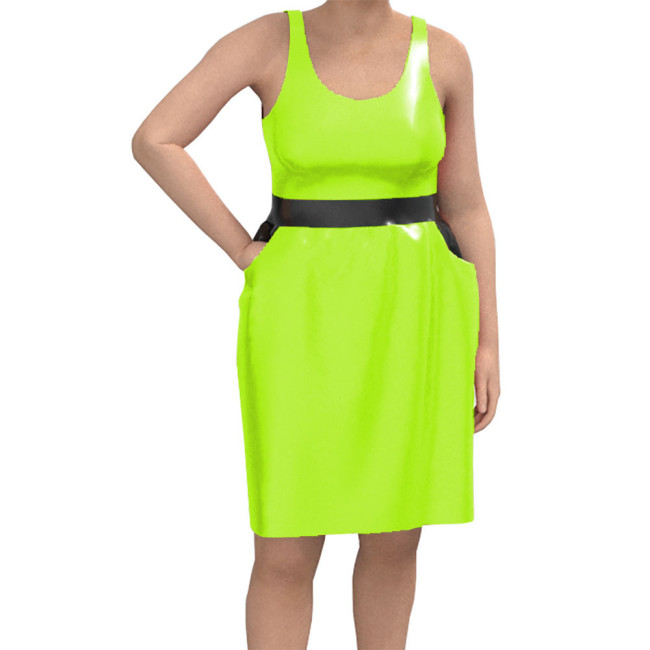 Women Casual O Neck Sleeveless Mini Dress Wetlook Solid Clubwear Tank Basic Fitted Dress Party Patent Leather Gay Sissy Vestidos
