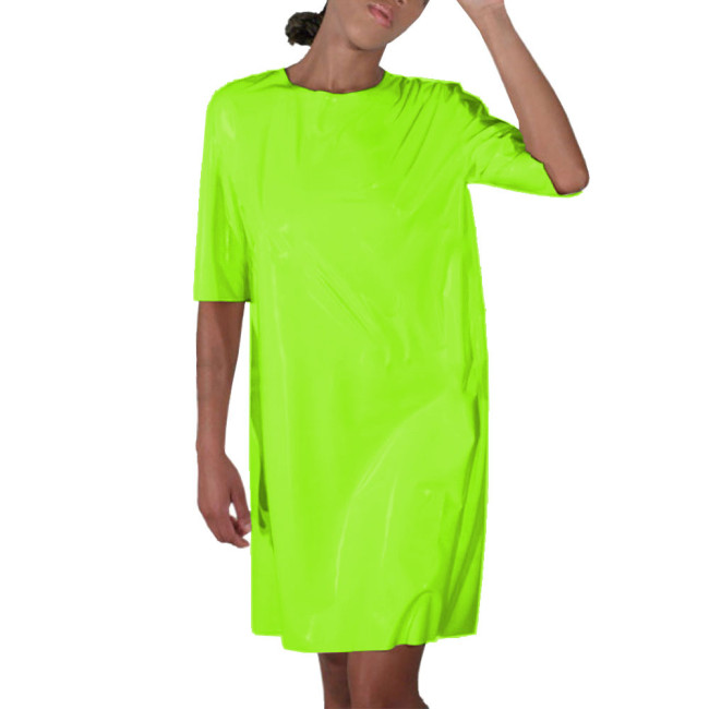 Faux Latex Nurse Cosplay Dress Womens Midi Sleeve O-Neck Maid Uniform Shiny Patent Leather Open Back Carnival Party Costume 7XL