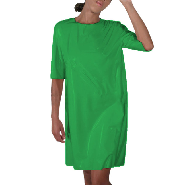 Faux Latex Nurse Cosplay Dress Womens Midi Sleeve O-Neck Maid Uniform Shiny Patent Leather Open Back Carnival Party Costume 7XL