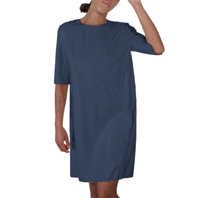 Faux Latex Nurse Cosplay Dress Womens Midi Sleeve O-Neck Maid Uniform Shiny Patent Leather Open Back Carnival Party Costume 7XL