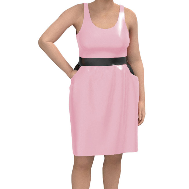 Women Casual O Neck Sleeveless Mini Dress Wetlook Solid Clubwear Tank Basic Fitted Dress Party Patent Leather Gay Sissy Vestidos
