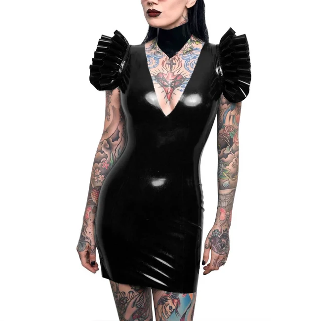 Sissy Sexy Bodycon Dress Patent Leather Deep V-neck Flying Sleeves Mini Dress for Women Backless Pencil Dress Party Pole Dancing
