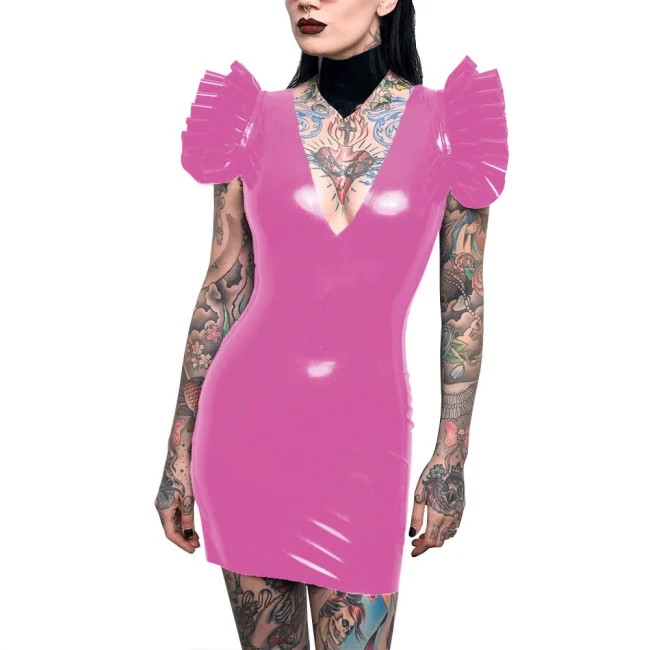 Sissy Sexy Bodycon Dress Patent Leather Deep V-neck Flying Sleeves Mini Dress for Women Backless Pencil Dress Party Pole Dancing