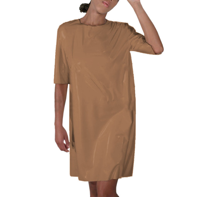 Faux Latex Nurse Cosplay Dress Womens Midi Sleeve O-Neck Maid Uniform Shiny Patent Leather Open Back Carnival Party Costume 7XL