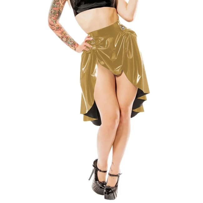 Punk Style A-line Short Skirt Sexy High Waist Wet PVC Leather Buckle Pleated Skirts Rave Party Swing Skirts Steampunk Clubwear
