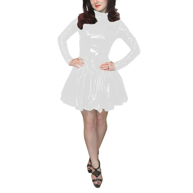 Women Slim Dress Mock Neck Long Sleeved Dress A-line Simple Color Casual Costume Wetlook Sissy PVC Leather Fashion Club Outfit