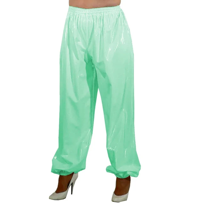 PVC Leahter High Waist Loose Pants Women Elastic Waist Trousers Streetwear Sissy Casual Long Pants Clubwear Dance Costume