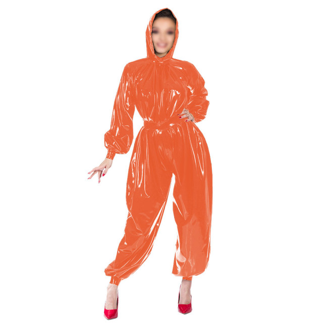Shiny Patent Leather Fashion Jumpsuits Women's PVC Hooded Jumpsuits Female Gothic Bloomers One-Piece Rompers Club Cosplay Zentai