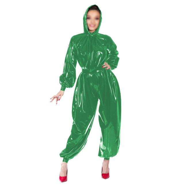 Shiny Patent Leather Fashion Jumpsuits Women's PVC Hooded Jumpsuits Female Gothic Bloomers One-Piece Rompers Club Cosplay Zentai