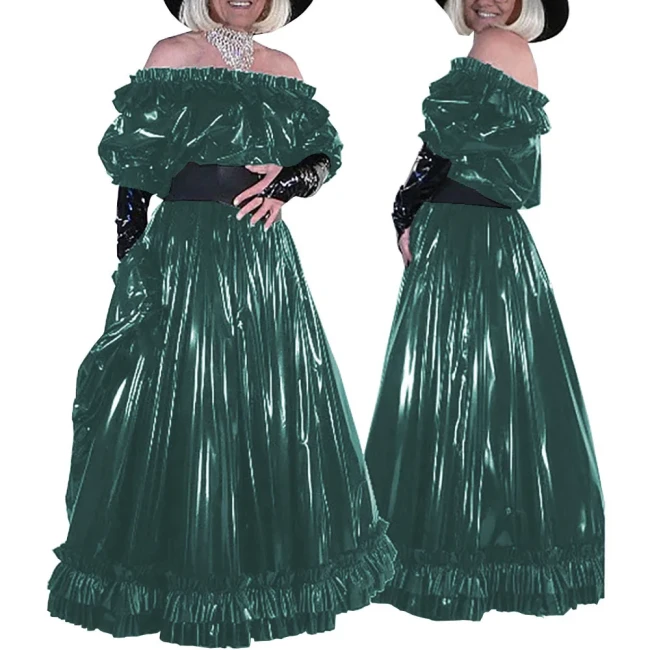 Sissy Wetlook Off Shoulder Puff Sleeve Maxi Dress Sexy Party Slash Neck PVC Shiny Long Vestido Elegant Formal Dresses Cosplay