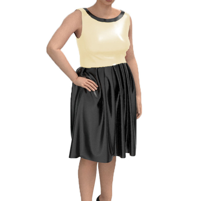 Sleeveless Lady Dress Sexy Tank Midi Pleated Dress Shiny Patent Leather Bodycon Vestidos Round Neck Chic Casual Street Wear