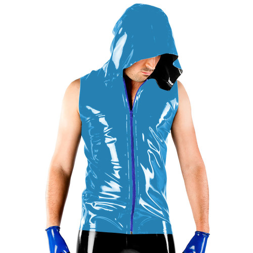 7XL New Men Faux Shiny PU Leather Jackets Sleeveless Hooded Tshirt Wet Look PVC Mens Jackets Coats Stage Costume Nightclub Wear