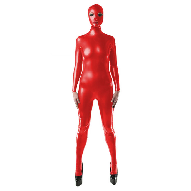 Faux Latex Catsuit Long Sleeve Skinny PVC Patent Leather Playsuit With Mask Gay Sissy Glossy Turtleneck Zentai One-piece Tights