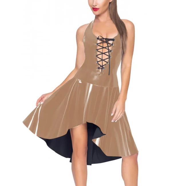 Sexy Hollow Out Women Dress Vinyl PVC Leather Ruffles Sleeveless Pleated Robe Party Wetlook Neck-mounted Irregular Hem Vestidos