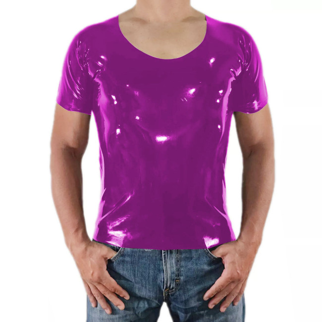 Men Short Sleeve PVC Shiny Tops Male Slim Stretch Wetlook O-Nek T-shirts Fashion Summer Punk Style Bodycon Tee Tops Clubwear