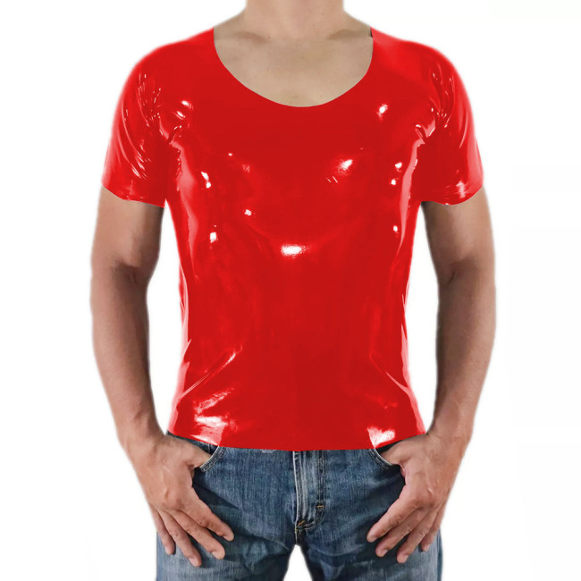 Men Short Sleeve PVC Shiny Tops Male Slim Stretch Wetlook O-Nek T-shirts Fashion Summer Punk Style Bodycon Tee Tops Clubwear