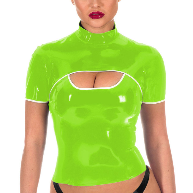 Women Sexy Shiny PVC Tee Tops Wet Look Bodycon Short Sleeve T-shirt Faux Leather Zipper Turtleneck Punk Club Party Wear Costumes