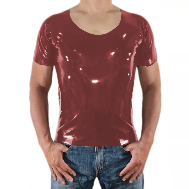Men Short Sleeve PVC Shiny Tops Male Slim Stretch Wetlook O-Nek T-shirts Fashion Summer Punk Style Bodycon Tee Tops Clubwear