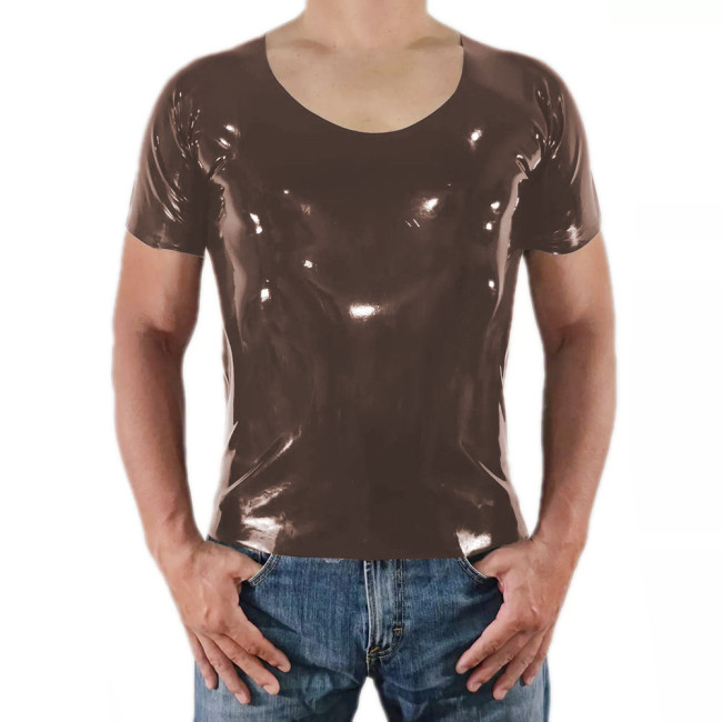 Men Short Sleeve PVC Shiny Tops Male Slim Stretch Wetlook O-Nek T-shirts Fashion Summer Punk Style Bodycon Tee Tops Clubwear