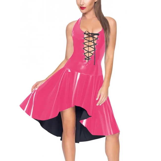 Sexy Hollow Out Women Dress Vinyl PVC Leather Ruffles Sleeveless Pleated Robe Party Wetlook Neck-mounted Irregular Hem Vestidos