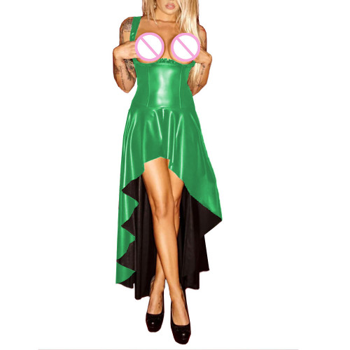 Open Breast Backless A-Line Maxi Dress Glossy Shiny Faux Latex Party Long Dress Sexy Women Cupless Stretchy Sleeveless Vestido