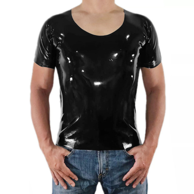 Men Short Sleeve PVC Shiny Tops Male Slim Stretch Wetlook O-Nek T-shirts Fashion Summer Punk Style Bodycon Tee Tops Clubwear