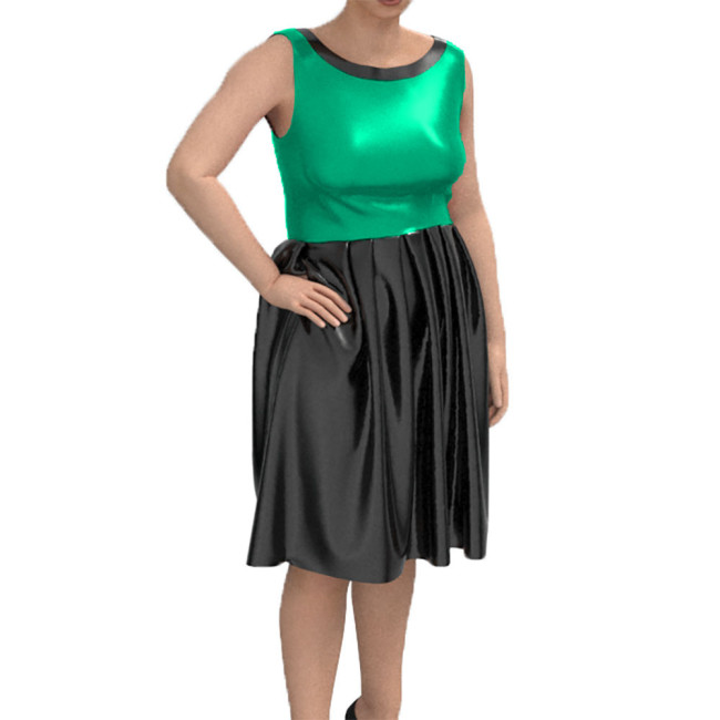 Sleeveless Lady Dress Sexy Tank Midi Pleated Dress Shiny Patent Leather Bodycon Vestidos Round Neck Chic Casual Street Wear