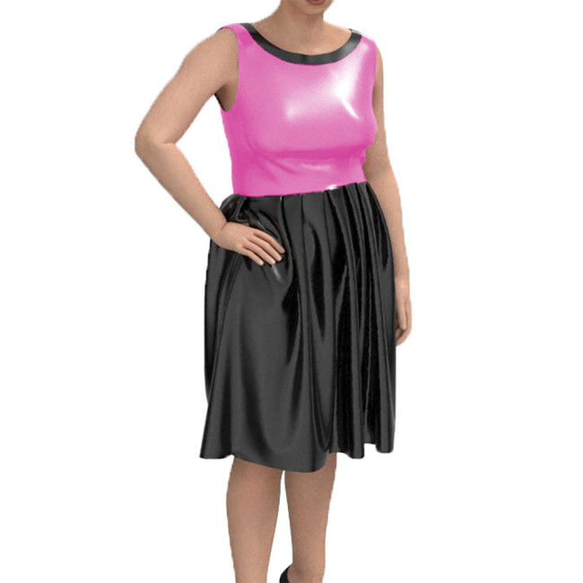 Sleeveless Lady Dress Sexy Tank Midi Pleated Dress Shiny Patent Leather Bodycon Vestidos Round Neck Chic Casual Street Wear